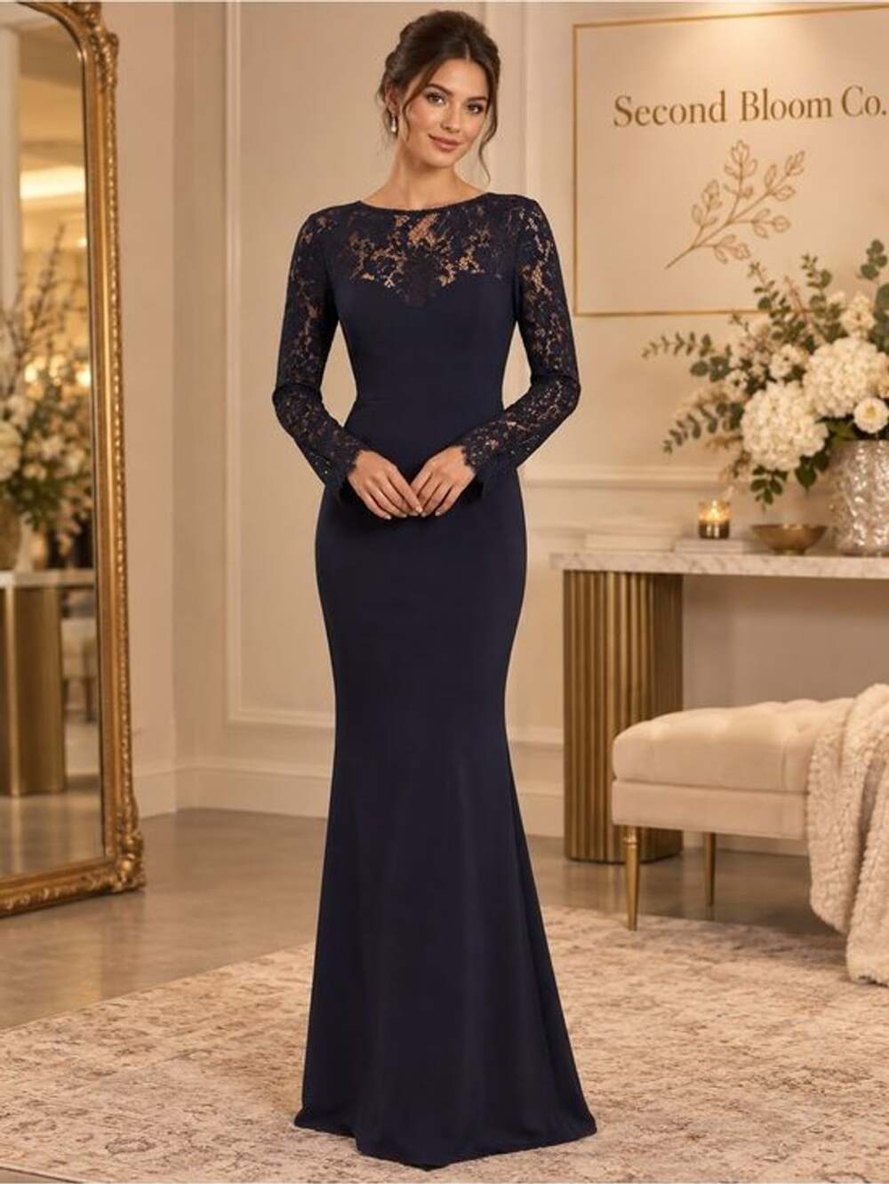 Lulus Navy Lace Long Sleeve Maxi Dress Size S